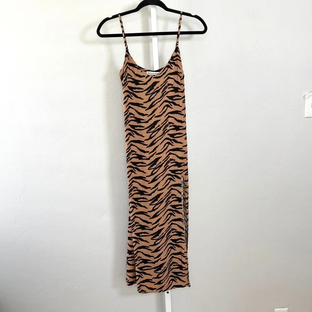 Reformation‎ Animal Print Midi Dress Bodycon Size 0 Sexy Slit 90s Chic It Girl